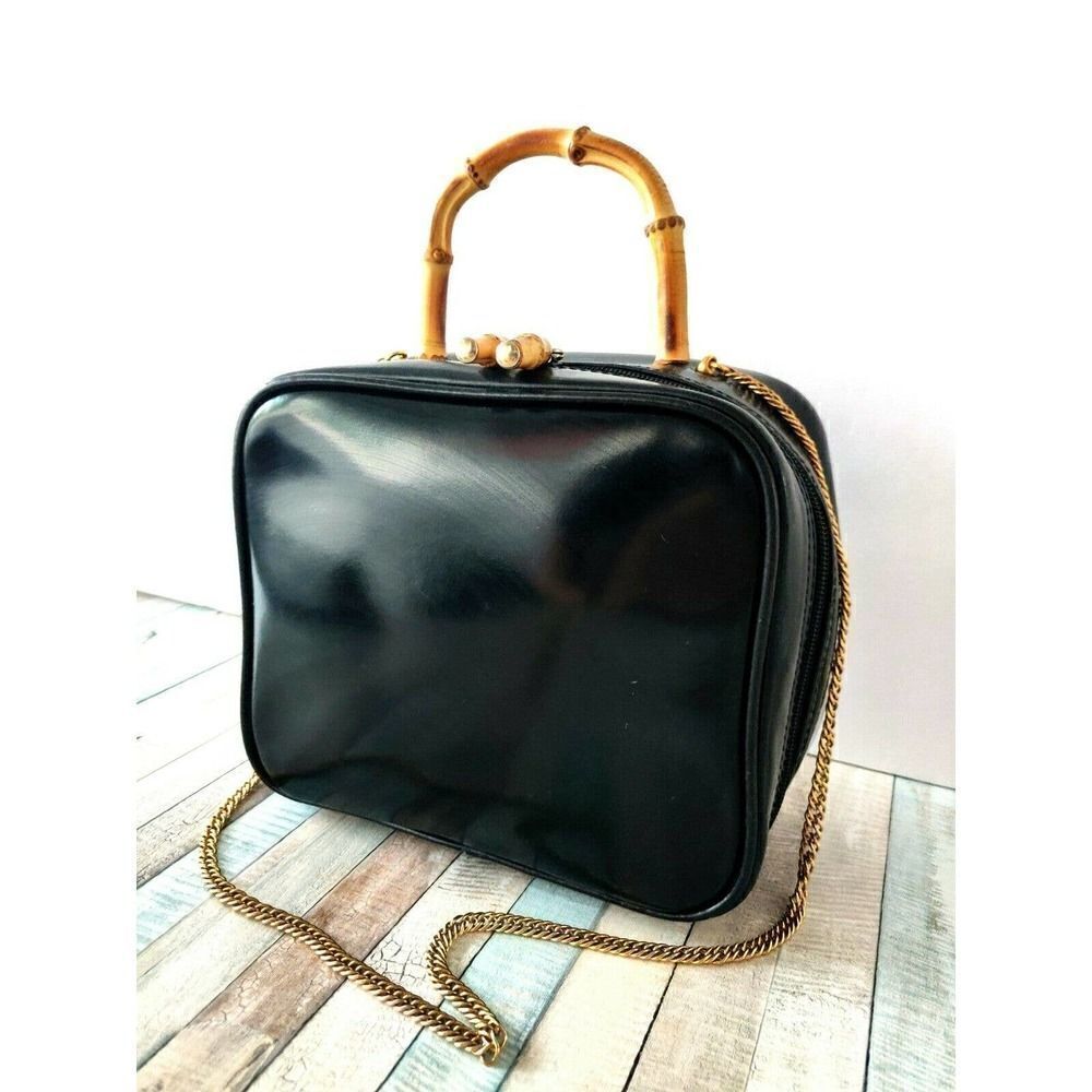 VTG CARLA MANCINI BLACK GENUINE LEATHER BAMBOO DECOR CHAIN STRAP SHOULDER BAG - Picture 5 of 12